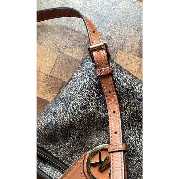 Michael Kors Fulton Messenger Crossbody Purse - Brown and Gold Pebble Leather - Picture 13 of 14